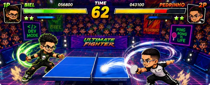 Smash Kings arena artwork: two colorful rivals face off across a table tennis court.