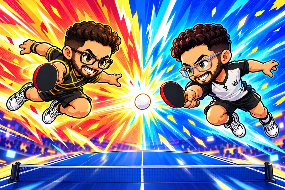 Two expressive Smash Kings rivals with curly hair, glasses and paddles leap into an arcade table tennis showdown.